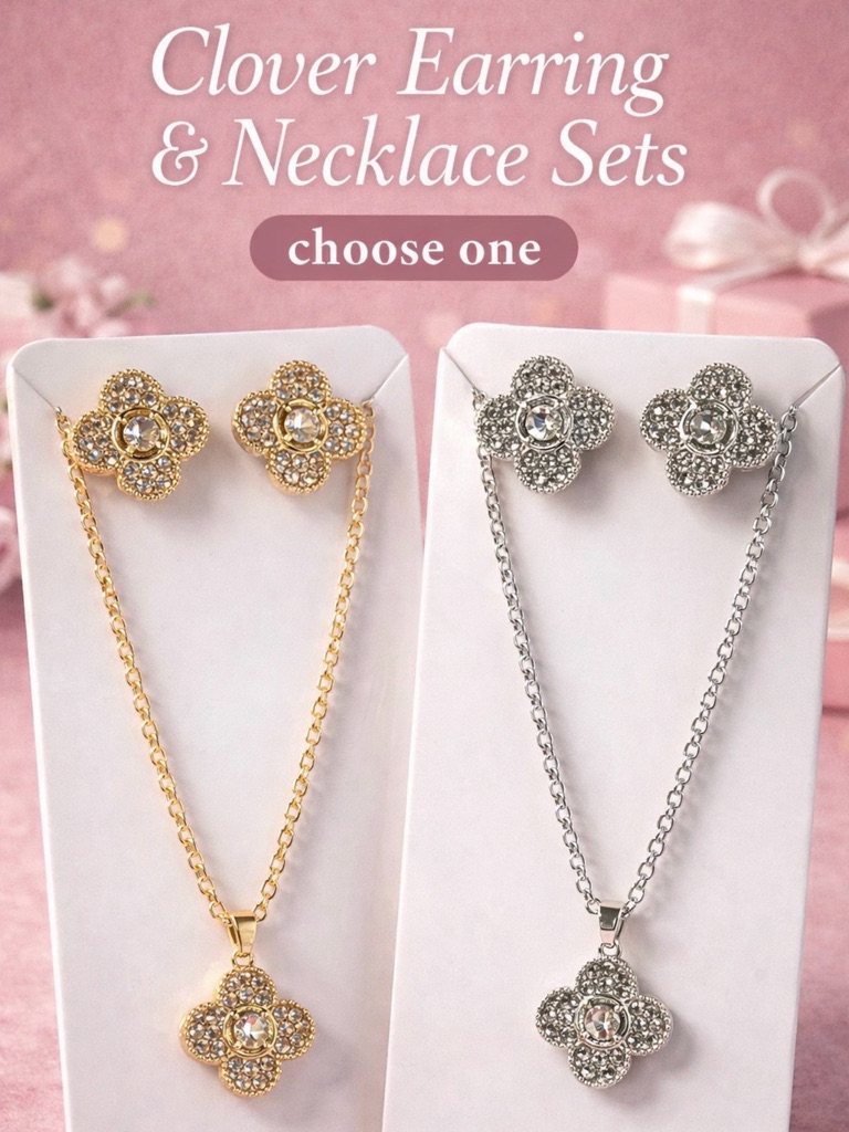 Clover Crystal Necklace & Earring Set - Gold Or Silver